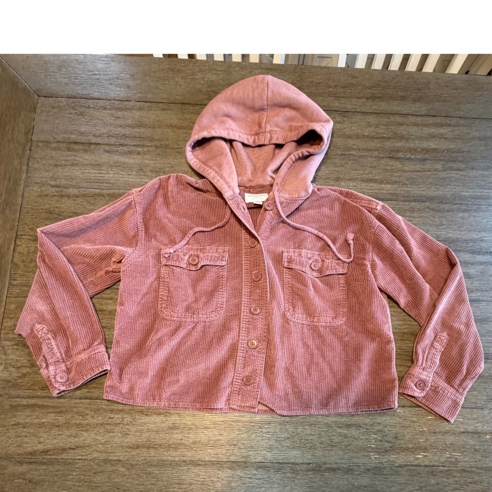 American Eagle Womens Mauve Corduroy Hooded Shacket Button Down Shirt Jacket M
